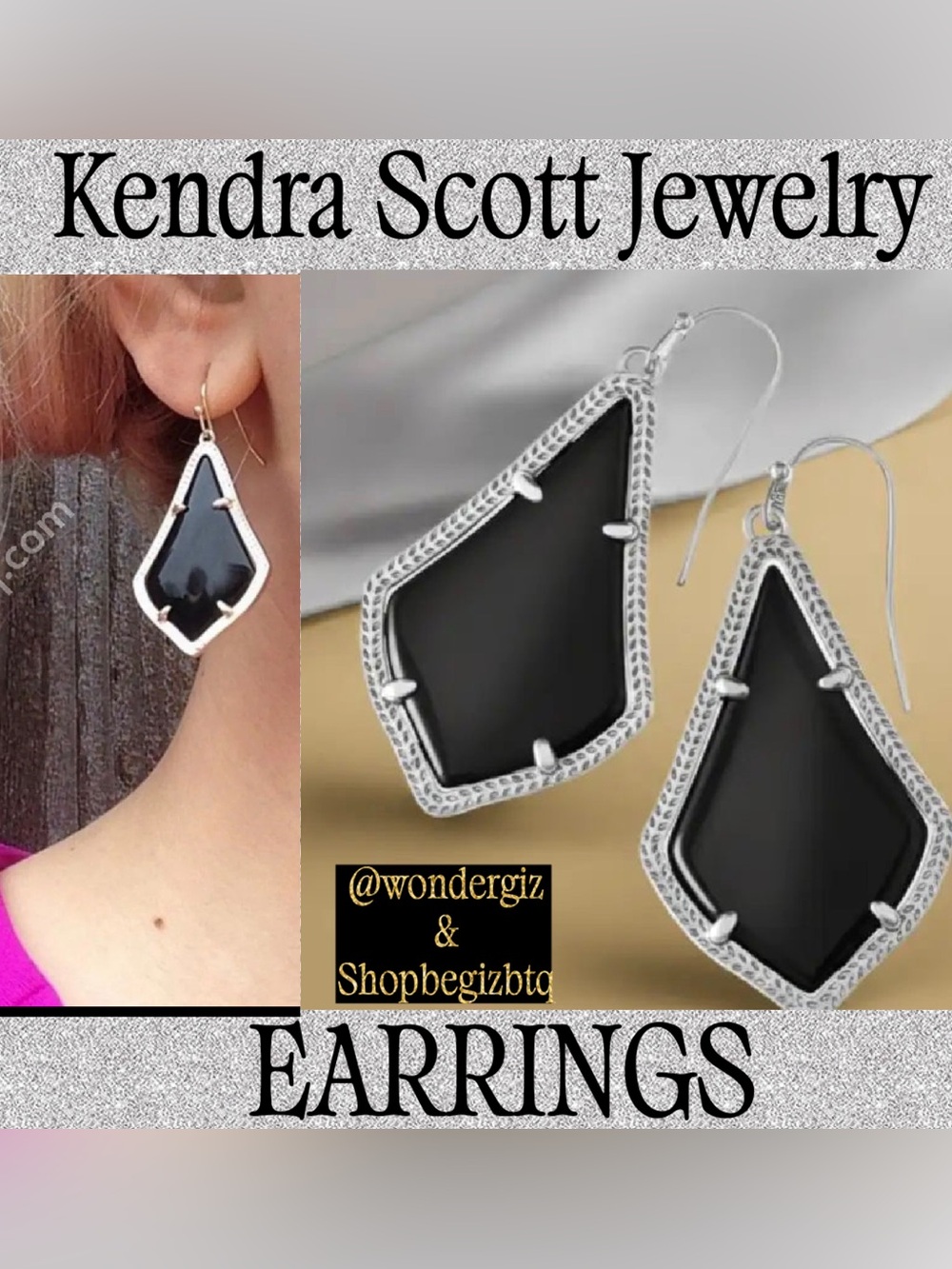 Kendra Scott Authentic Alex Silver Drop Earrings In Black Opaque Glass